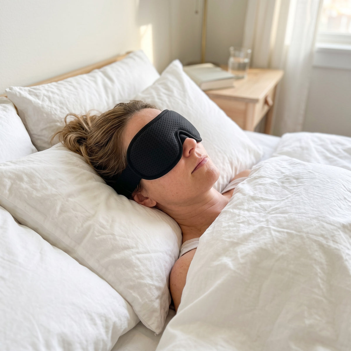 3D blackout sleep mask in use at home