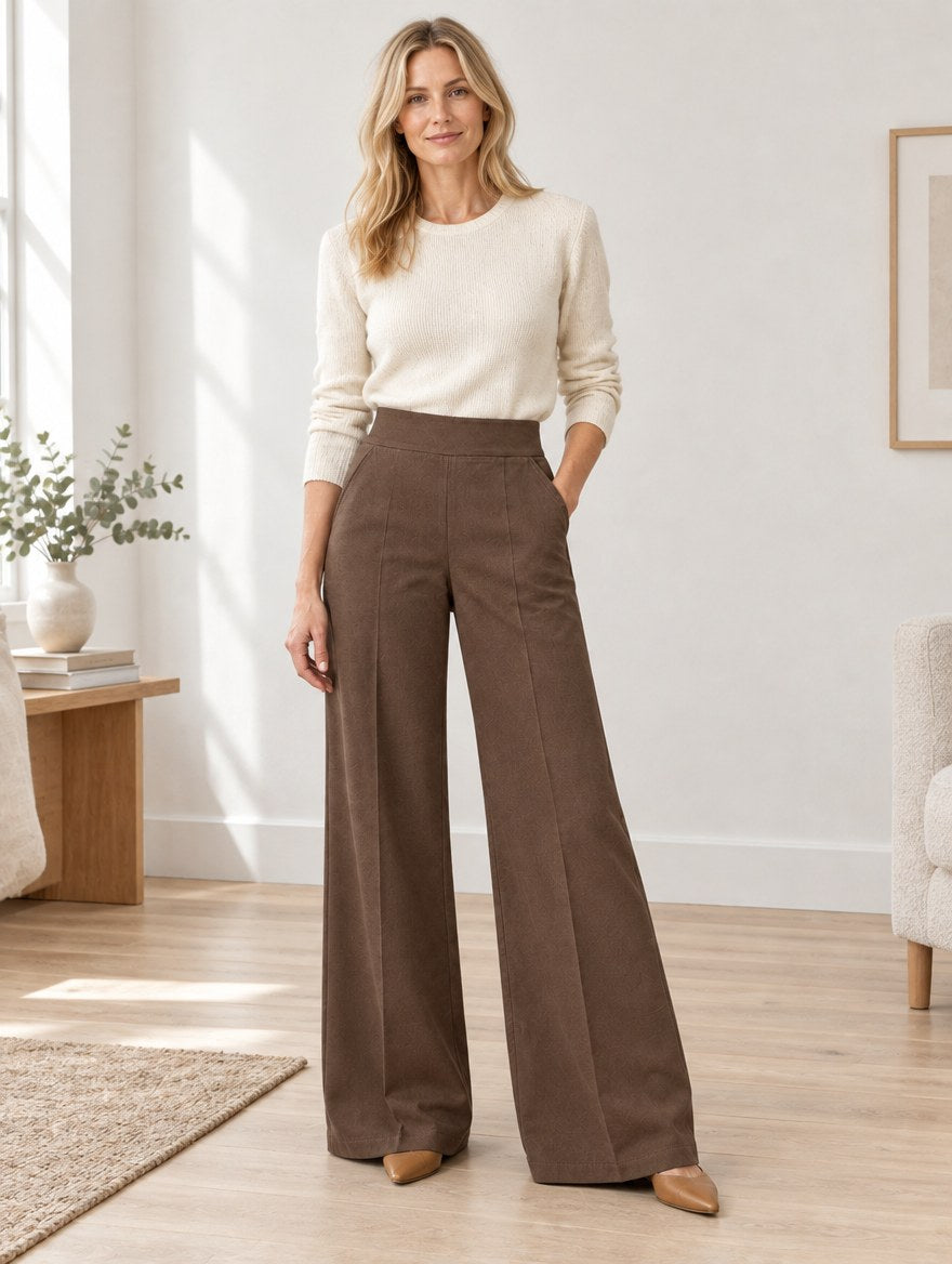 Stretchbyxor i kaffe med hög midja, helfigur
