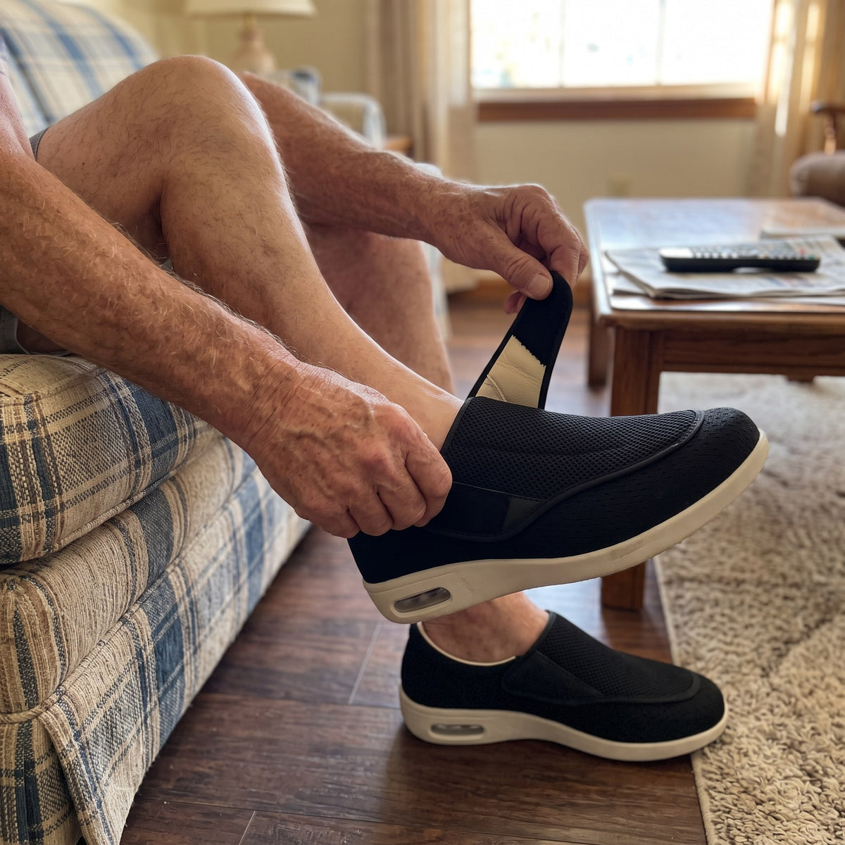 Wide-fit diabetic shoes with hook-and-loop strap in use at home