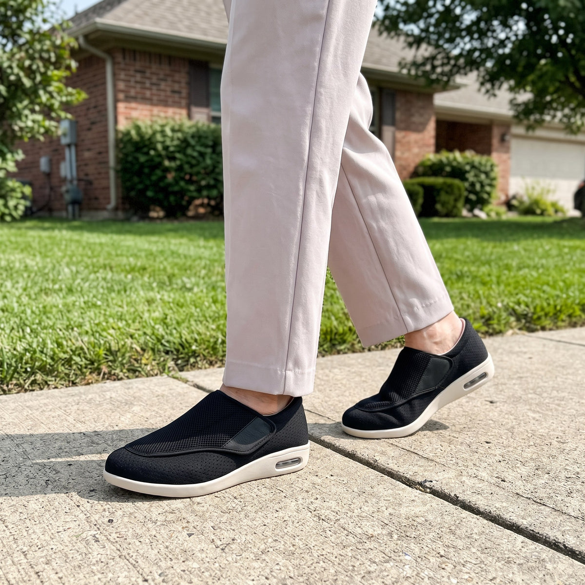 Wide-fit diabetic shoes with hook-and-loop strap in everyday use