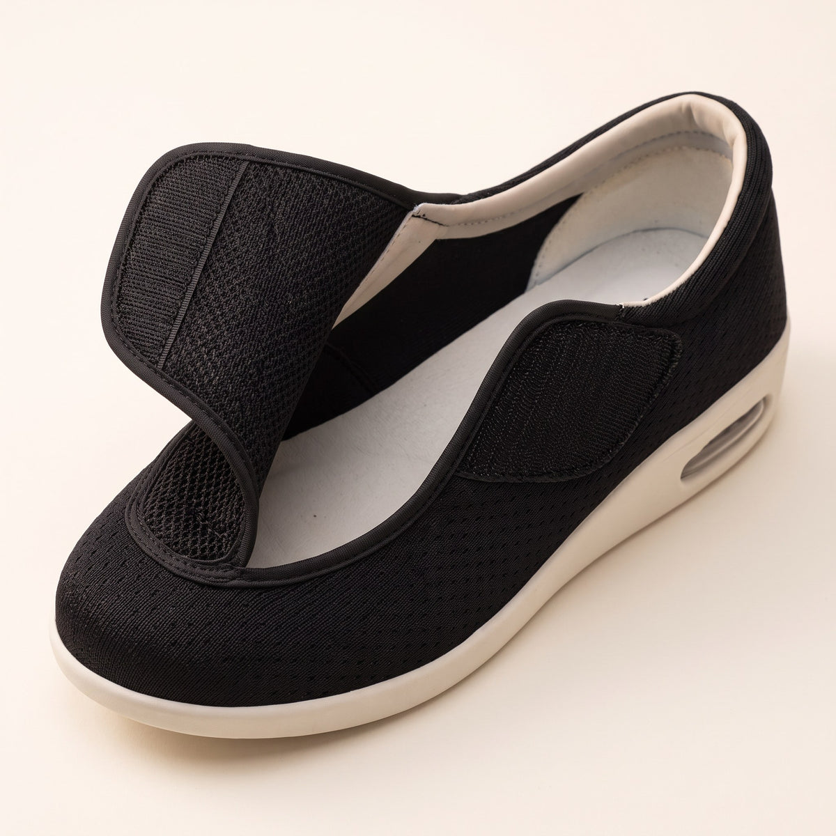 Wide-fit diabetic shoes with hook-and-loop strap close-up detail