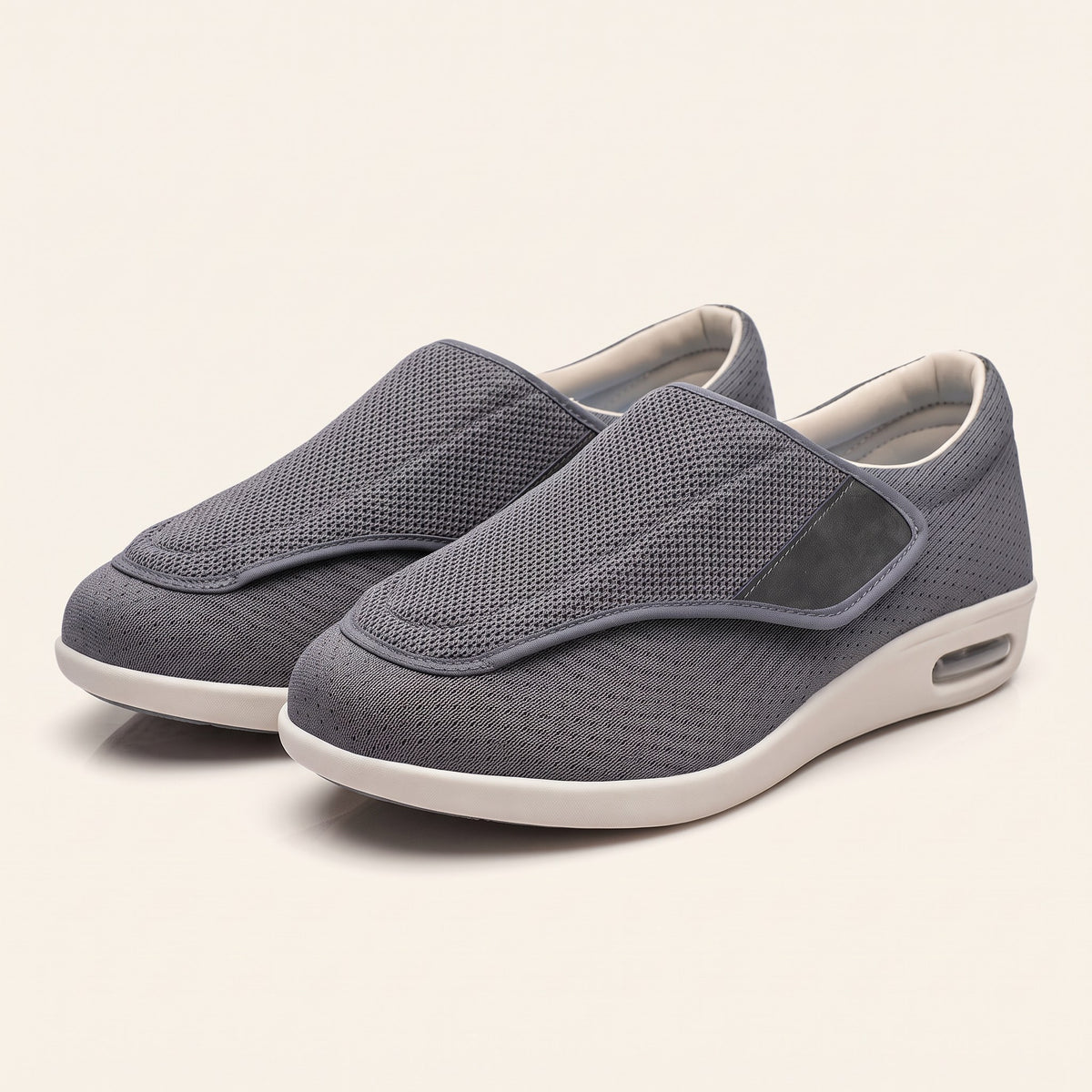 Wide-fit diabetic shoes with hook-and-loop strap in beige