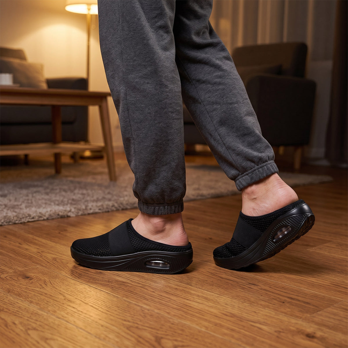 Backless cushioned slippers with air sole in everyday use