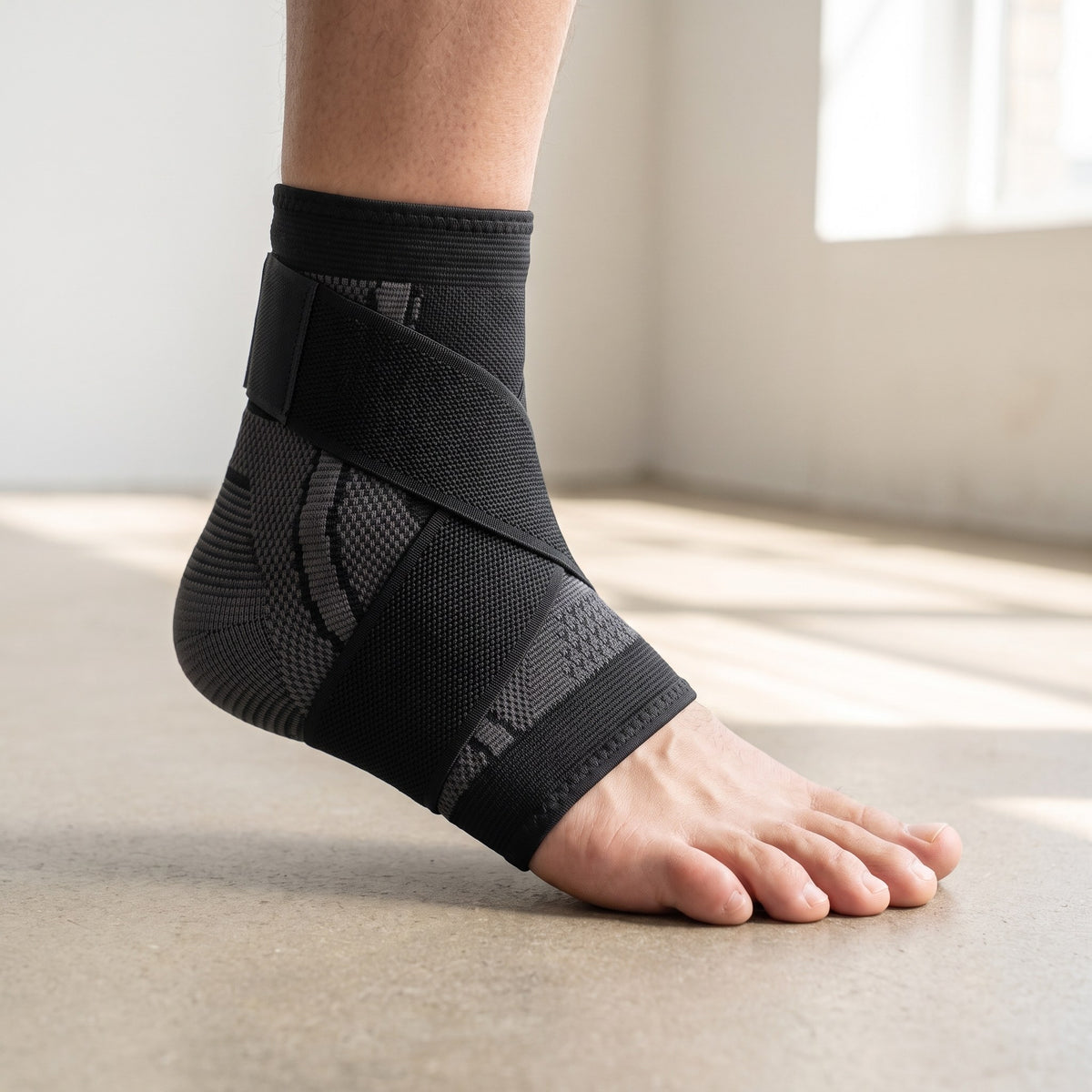 Strydex Foot Sleeve on a bare foot, side view, with the support strap wrapped across the arch and ankle