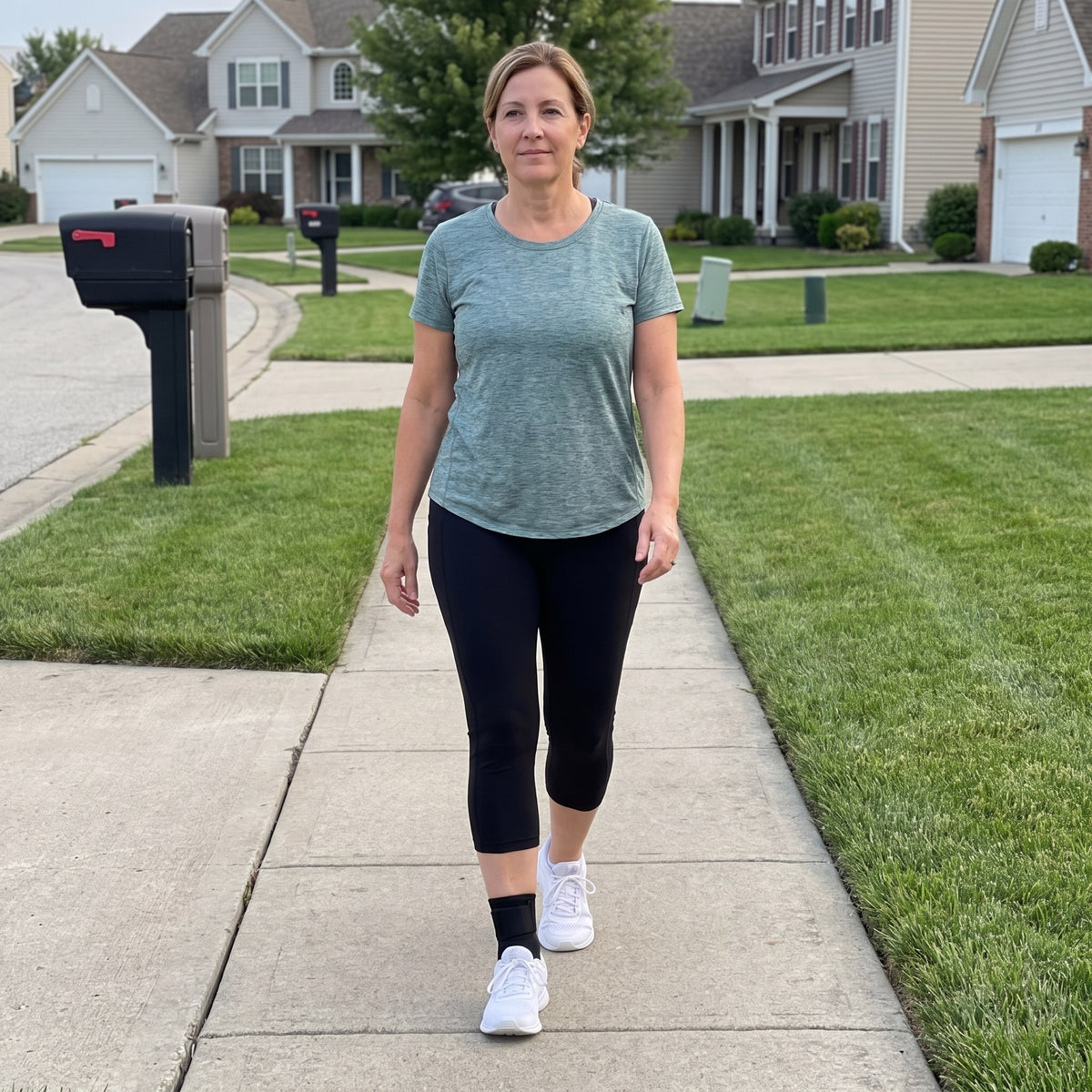 Woman walking on a suburban sidewalk wearing the Strydex Foot Sleeve with white sneakers