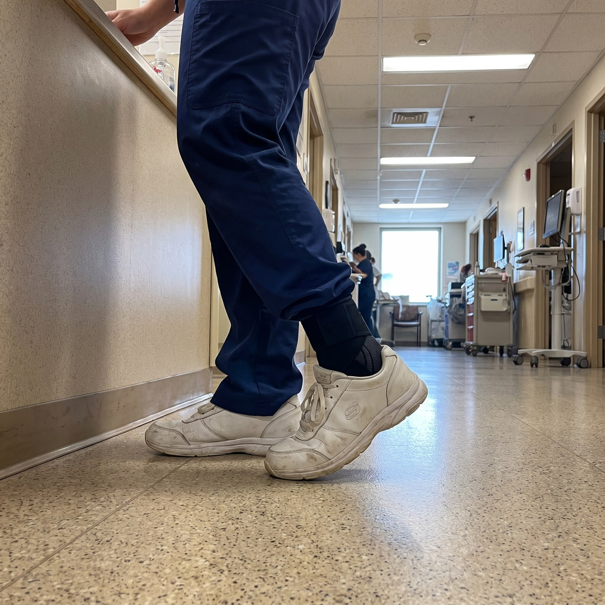 Nurse in scrubs wearing the Strydex Foot Sleeve with work sneakers during a shift