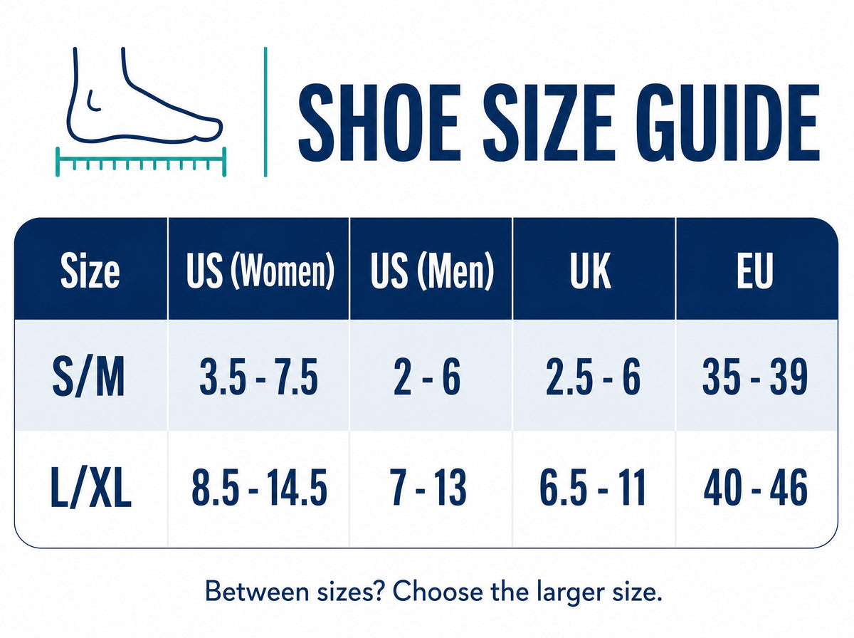 Strydex Foot Sleeve shoe size guide: S/M and L/XL