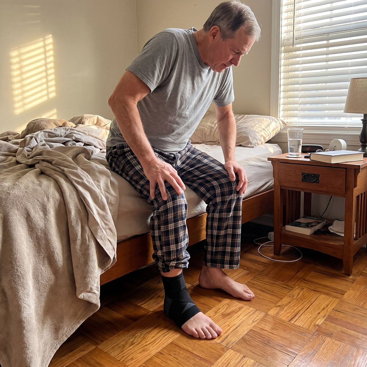 Man sitting on the edge of his bed in the morning wearing the Strydex Foot Sleeve before his first steps