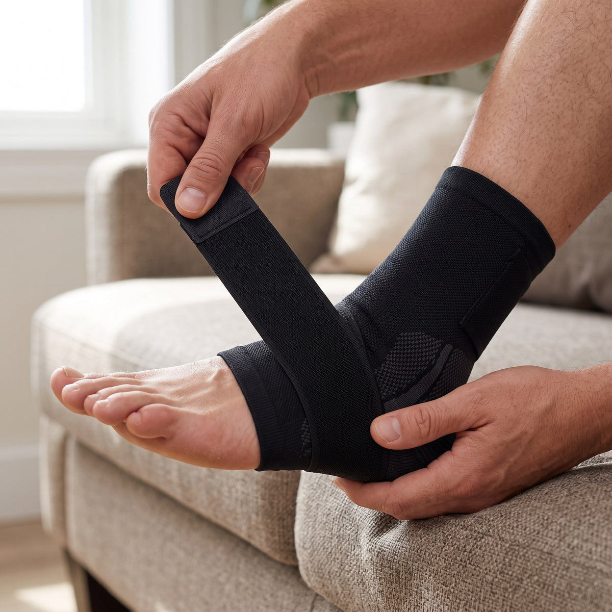Hands wrapping the elastic support strap of the Strydex Foot Sleeve across the arch