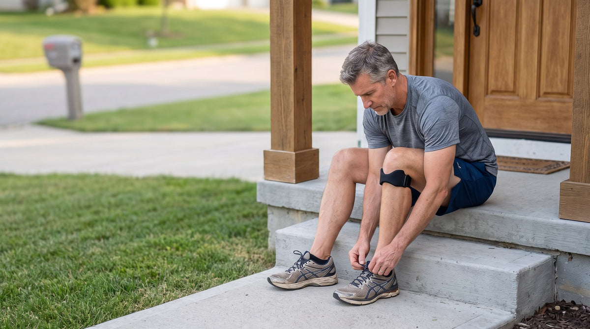 Man lacing his running shoes on the porch steps, wearing the Strydex Precision Strap below the kneecap