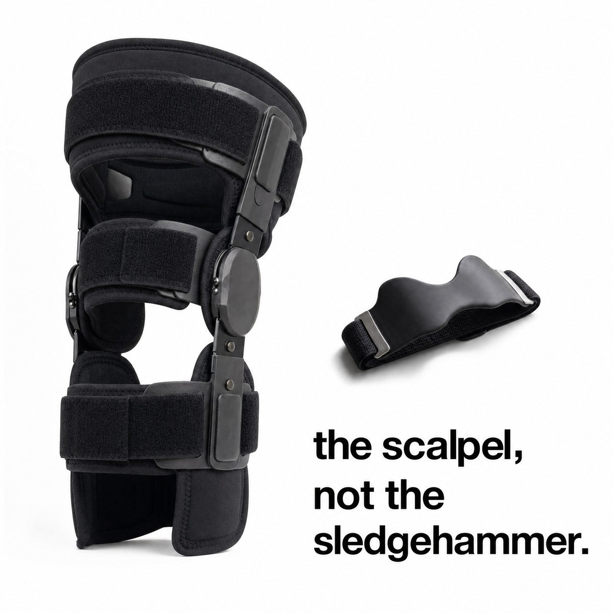 Strydex Precision Strap compared with a bulky knee brace: the scalpel, not the sledgehammer
