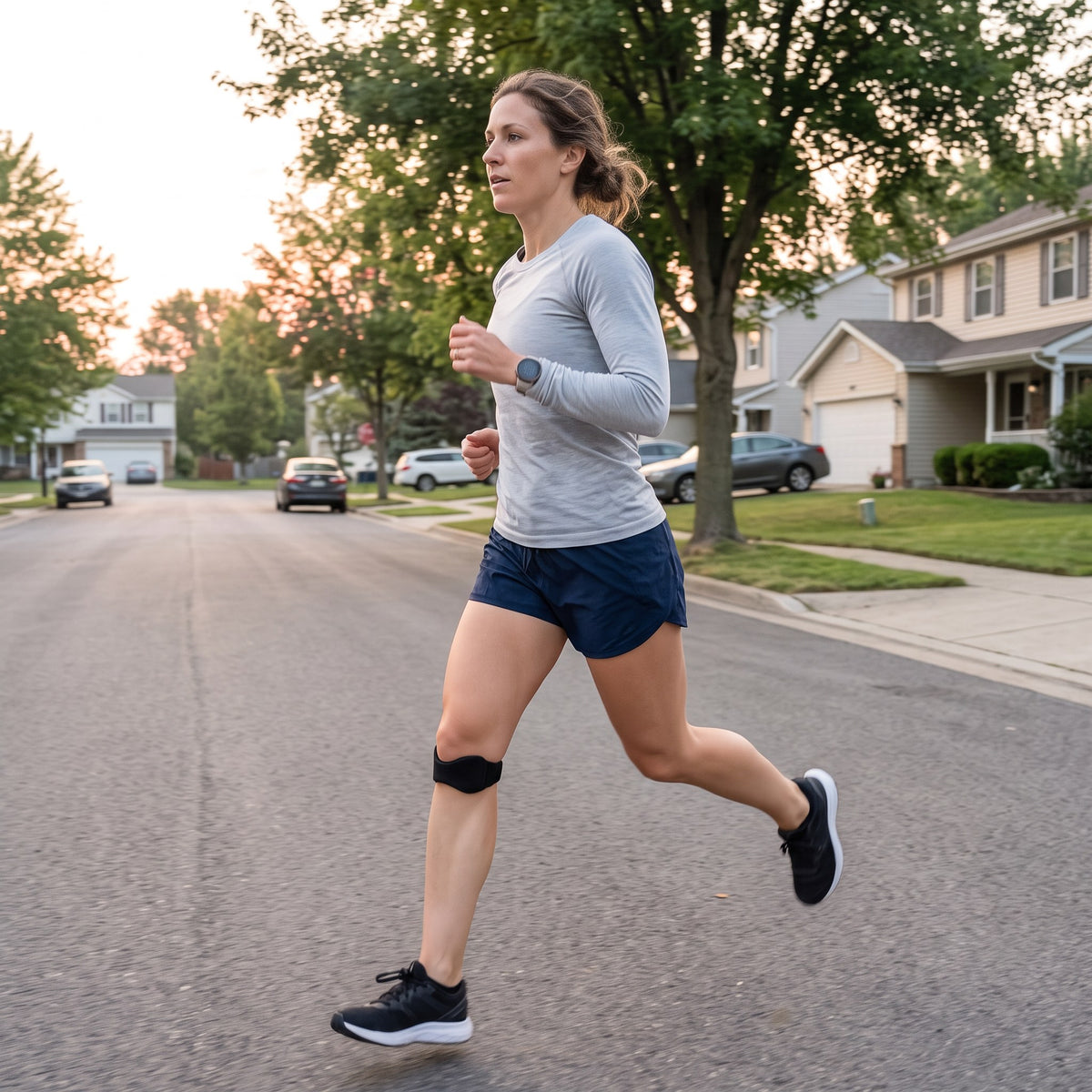 Woman jogging on a neighborhood street wearing the Strydex Precision Strap
