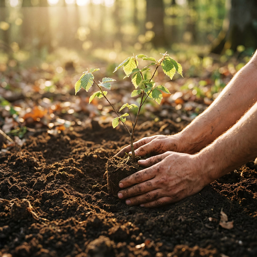 Hands planting a young tree sapling in soil