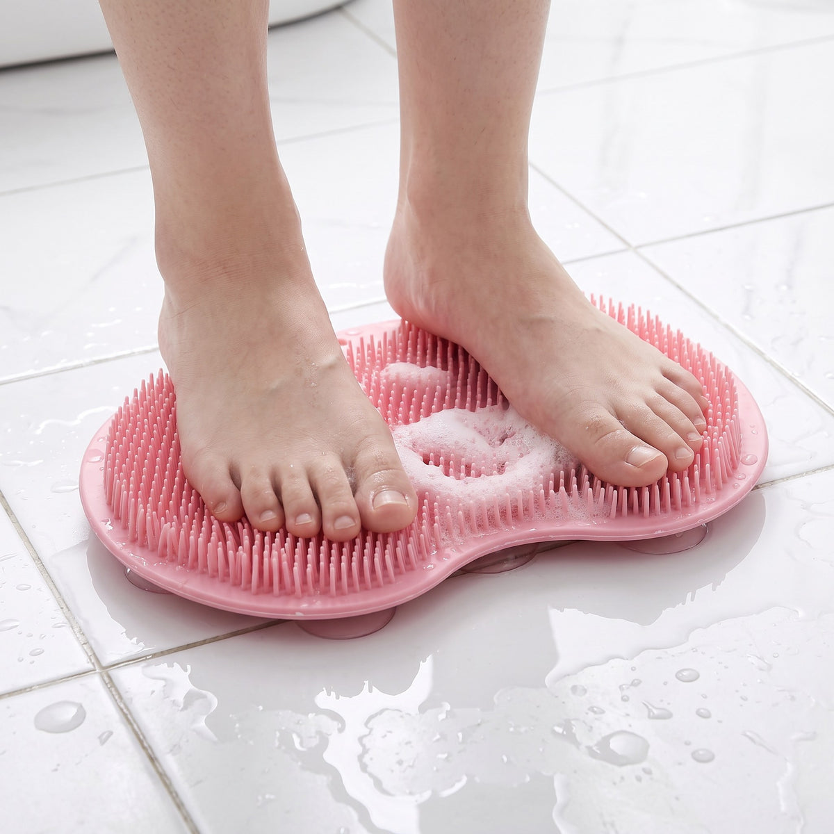 Shower foot scrubber mat in use at home